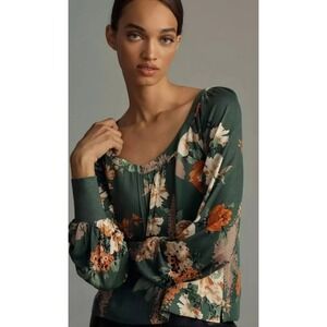 TINY Floral‎ Print Long Sleeve Blouse Top Green Orange Women's Size S